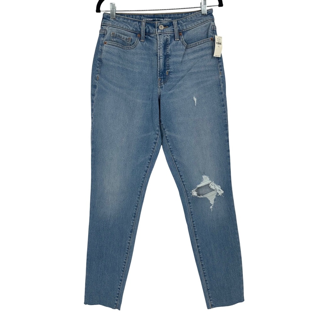 Old Navy OG Straight High Rise Distressed Jeans Blue 4 Tall 474464-00-1 NWT